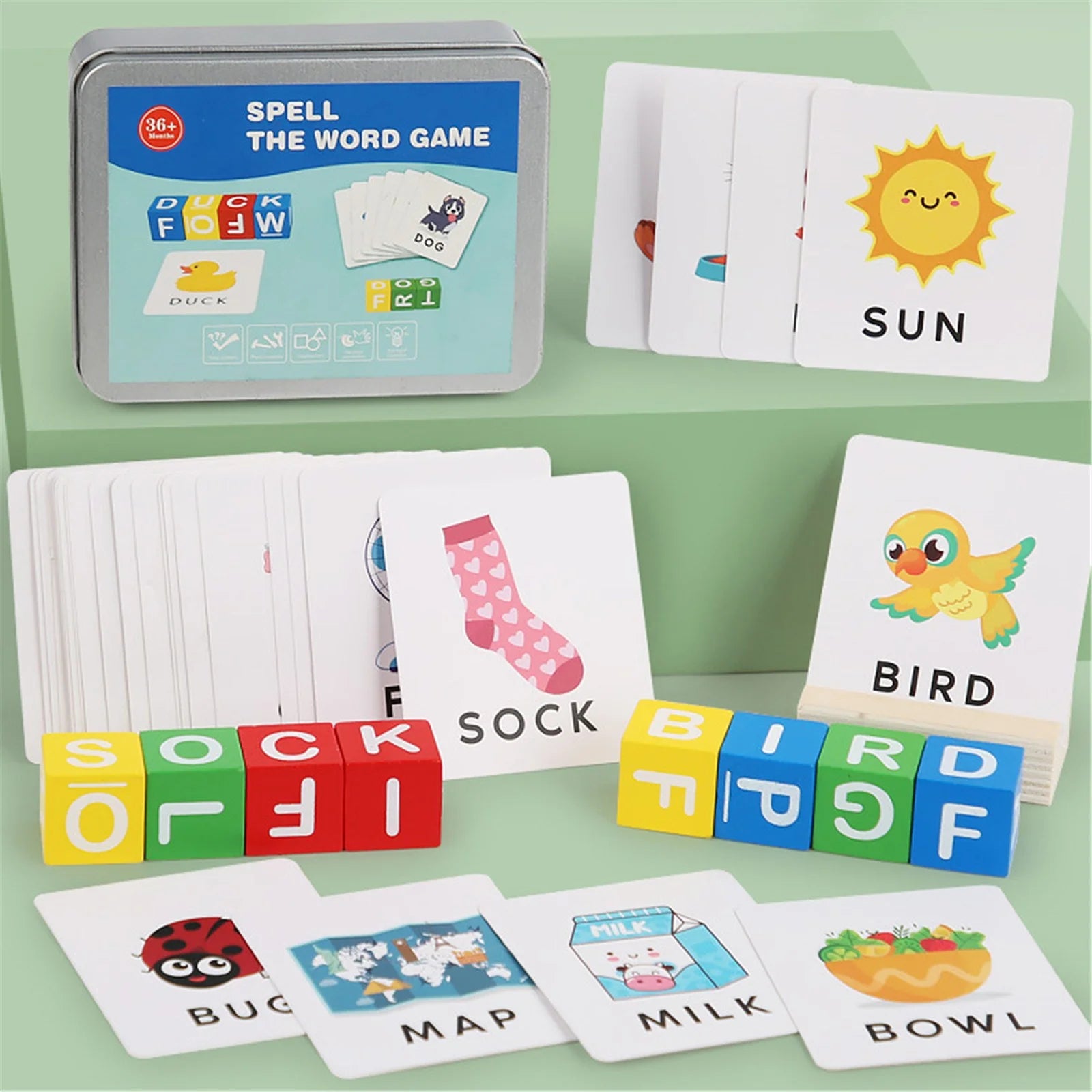Spell the Word Game - Educational Letter Blocks & Picture Cards Set
